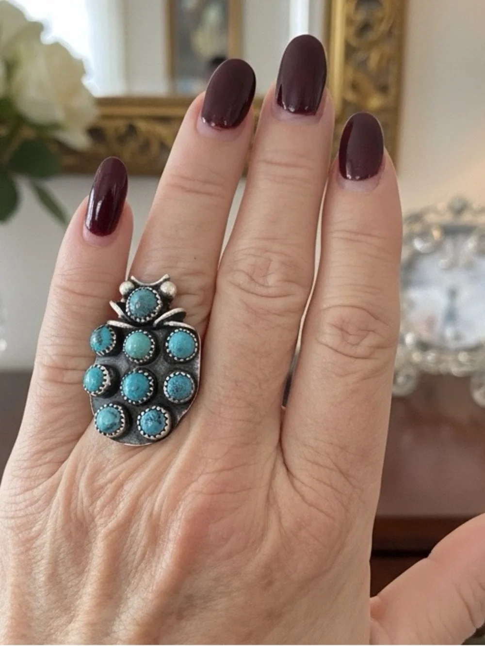 Turquoise Cluster Statement Ring - Blue-Green Gemstones sterling silver